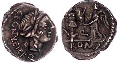 Römische Münzen, Römische Republik, C. Egnatuleius C.F, 97 v. Chr. Quinar 97 v. Chr. C EGNATVLEI C F. Apollokopf mit Lorbeerkranz n.r./Viktoria steht n.l., beschriftet ein am Tropaion befestigtes Schi