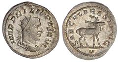 Römische Münzen, Kaiserzeit, Philippus I. Arabs, 244-249 Antoninian 248. Brb. mit Strahlenbinde r./SAECULARES AVGG. Hirsch. vorzüglich. RIC 19.