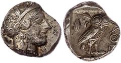 Altgriechische Münzen Attika Athen Tetradrachme nach 449 v. Chr. Athenakopf mit attischem Helm r./AΘE. Eule, dahinter Lorbeerzweig und Halbmond. Starr pl. XXII, 7. 17,14 g. sehr schön, unrunder Schröt