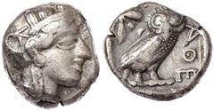 Altgriechische Münzen Attika Athen Tetradrachme nach 449 v. Chr. Athenakopf mit attischem Helm r./AΘE. Eule, dahinter Lorbeerzweig und Halbmond. Starr pl. XXII, 7. 16,92 g. sehr schön, Schrötlingsriß