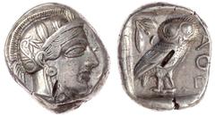 Altgriechische Münzen Attika Athen Tetradrachme nach 449 v. Chr. Athenakopf mit attischem Helm r./AΘE. Eule, dahinter Lorbeerzweig und Halbmond. Starr pl. XXII, 7. 17,14 g. sehr schön, zwei Prüfhiebe