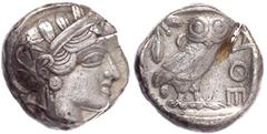 Altgriechische Münzen Attika Athen Tetradrachme nach 449 v. Chr. Athenakopf mit attischem Helm r./AΘE. Eule, dahinter Lorbeerzweig und Halbmond. Starr pl. XXII, 7. 16,79 g. sehr schön, Prüfhieb, etwas