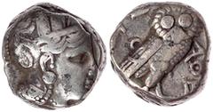 Altgriechische Münzen Attika Athen Tetradrachme 353/294 v. Chr. Kopf der Athena r./AΘE. Eule, dahinter Lorbeerzweig und Halbmond.. 16,93 g. Unbekannte östliche Münzstätte. fast sehr schön Vgl. Davisso