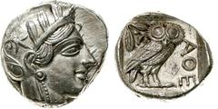 Tetradrachme nach 449 v. Chr. Athenakopf mit attischem Helm r./Î‘Î˜Î• Eule, dahinter Lorbeerzweig und Halbmond. Starr pl. XXII, 7. 17,2 g. vorzüglich/Stempelglanz, Prachtexemplar, min. Kratzer
