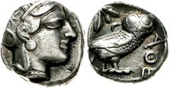 Tetradrachme nach 449 v. Chr. Athenakopf mit attischem Helm r./Î‘Î˜Î• Eule, dahinter Lorbeerzweig und Halbmond. Starr pl. XXII, 7. 16,87 g. sehr schön/vorzüglich