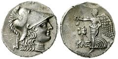 Tetradrachme 190-36 v. Chr. Kopf der Athena mit korinthischem Helm r./ÎšÎ›Î• Î¨ Nike geht n. l., hält Taenie über Beizeichen. 16,1 g. BMC 41. sehr schön/vorzüglich