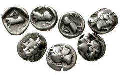 Griechische Münzen Attika Athen 7 X Drachme 450/404 v. Chr. Athenakopf r./Eule. SNG München 62. schön-sehr schön