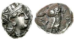 Griechische Münzen Attika Athen Tetradrachme 300/262 v. Chr. Athenakopf mit attischem Helm n.r./Î‘Î˜Î•. Eule n.r., links Olivenzweig. Kraay Taf. IV, 6vgl. SNG Cop. 63. BMC 132 ff. sehr schön/vorzüglic