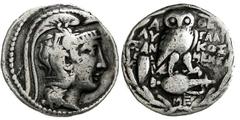 Griechische Münzen Attika Athen Tetradrachme "neuer Stil" 167/166 v. Chr. Behelmter Athenakopf r./Î›Î¥Î£Î‘Î Î“Î›Î‘Î¥ÎšÎŸÎ£ ÎœÎ•ÎÎ• ÎœÎ•. Eule auf Amphora, links Zikade. BMC 440. schön/sehr schön