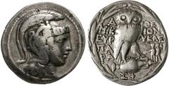 Griechische Münzen Attika Athen Tetradrachme "neuer Stil" 196/87 v. Chr. ÎœÎ™ÎšÎ™Î©Î Î•Î¥Î¡Î¥ÎšÎ›Î• Î Î‘Î¡Î‘. BMC 462. schön/sehr schön, kl. Nagelspur