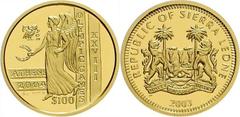 Ausländische Goldmünzen und -medaillen Sierra Leone Unabhängig seit 1961. 100 Dollars 2003 auf die Olympiade in Athen/Nike. KM 290. 6,22 g. Feingold. Mit Zertifikat. Polierte Platte