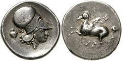 Griechische Münzen Peloponnes Korinthos Stadt. Stater 350/338 v. Chr. Athenakopf im korinth. Helm r., links Aphora und N/Pegasos l. BMC - (vgl. 372-380). sehr schön/vorzüglich