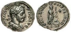 Römische Münzen Kaiserzeit Elagabalus 218-222. Elagabalus 218-222. Denar 218/222. Belorb., drap. Brb. r./SACERD DEI SOLIS ELAGAB. Elagabal steht r., opfert dem Stein Elagabal. RIC 131, C. 246. gutes v