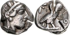 Griechische Münzen Attika Athen Tetradrachme nach 449 v. Chr. Athenakopf mit attischem Helm r./Î‘Î˜Î• Eule, dahinter Lorbeerzweig und Halbmond. Starr pl. XXII, 7. sehr schön, Prüfhiebe und Gegenstempe