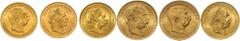 Gold der Habsburger Erblande und Österreichs Haus Habsburg Franz Joseph I. 1848-1916. 6 offizielle Neuprägungen: 2 X 4 Florin 1892, 8 Florin 1892, Dukat 1915, 10 Kronen 1912, 20 Kronen 1915. Insgesamt