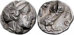 Altgriechische Münzen Attika Athen Tetradrachme nach 449 v. Chr. Athenakopf mit attischem Helm r./Î‘Î˜Î• Eule, dahinter Lorbeerzweig und Halbmond. Starr pl. XXII, 7. 17,11 g. gutes sehr schön, Prüfhie