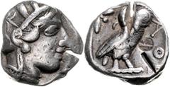 Altgriechische Münzen Attika Athen Tetradrachme nach 449 v. Chr. Athenakopf mit attischem Helm r./Î‘Î˜Î• Eule, dahinter Lorbeerzweig und Halbmond. Starr pl. XXII, 7. sehr schön, Prüfhiebe und Gegenste