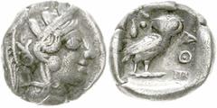 Altgriechische Münzen Attika Athen Drachme 479/393 v. Chr. Kopf der Athena mit attischem Helm n.r./Eule auf Standleiste, links Olivenzweig, 4,14 g SNG Cop. 41 sehr schön, selten
