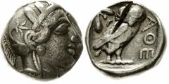 Altgriechische Münzen Attika Athen Tetradrachme ca. 440/407 v. Chr. Kopf der Athena mit verziertem, bekränzten attischen Helm n. r. / Eule steht n. r., Kopf in Vorderansicht, im Feld links oben Ölzwei