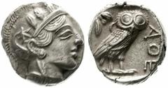 Altgriechische Münzen Attika Athen Tetradrachme nach 449 v. Chr. Athenakopf mit attischem Helm r./AOE Eule, dahinter Lorbeerzweig und Halbmond. Starr pl. XXII, 7. 16,92 g sehr schön/vorzüglich