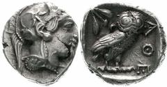 Altgriechische Münzen Attika Athen Tetradrachme nach 449 v. Chr. Athenakopf mit attischem Helm r./AOE Eule, dahinter Lorbeerzweig und Halbmond. Starr pl. XXII, 7. 17,18 g sehr schön/vorzüglich, Schröt