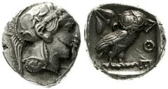 Altgriechische Münzen Attika Athen Tetradrachme nach 449 v. Chr. Athenakopf mit attischem Helm r./AOE Eule, dahinter Lorbeerzweig und Halbmond. Starr pl. XXII, 7. 17,18 g.sehr schön/vorzüglich, Schröt