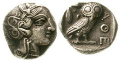 Altgriechische Münzen Attika Athen Tetradrachme nach 449 v. Chr. Athenakopf mit attischem Helm r./AOE Eule, dahinter Lorbeerzweig und Halbmond. Starr pl. XXII, 7. 16,71 g.sehr schön