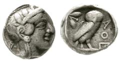 Altgriechische Münzen Attika Athen Tetradrachme nach 449 v. Chr. Athenakopf mit attischem Helm r./AOE Eule, dahinter Lorbeerzweig und Halbmond. Starr pl. XXII, 7. 16,67 g.fast sehr schön