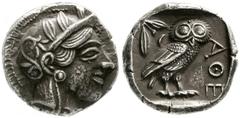 Altgriechische Münzen Attika Athen Tetradrachme nach 449 v. Chr. Athenakopf mit attischem Helm r./AOE Eule, dahinter Lorbeerzweig und Halbmond. Starr pl. XXII, 7. 17,19 g. vorzüglich, Felder geglättet