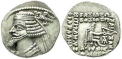 Altgriechische Münzen Parthia Königreich der Arsakiden Drachme 38/2 v.Chr. Ecbatana. Kopf l., rechts von Vogel bekränzt/Arsakes thront r., hält Bogen über Monogramm. vorzüglich/Stempelglanz, Prachtexe