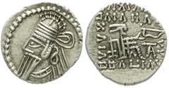 Altgriechische Münzen Parthia Königreich der Arsakiden Drachme 190, Ecbatana. Brb. mit Tiara l./stark stilisierter Arsaker thront r., hält Bogen über A. vorzüglich