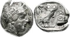 Altgriechische Münzen Attika Athen Tetradrachme nach 449 v. Chr. Athenakopf mit attischem Helm r./AOE Eule, dahinter Lorbeerzweig und Halbmond. Starr pl. XXII, 7.sehr schön, Prüfhiebe