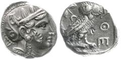 Altgriechische Münzen Attika Athen Tetradrachme 286/267 v. Chr. Kopf der Athena r./Eule. 16,85 g. Stempelstellung 10 Uhr. Drei tatzenartige Bankmarken (zwei auf der Wange, eine neben der Eule).sehr sc