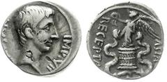 Römische Münzen Imperatorische Prägungen Octavianus, 44/27 v.Chr Quinar, Ephesus 29/27 v.Chr. Chr. CAESAR IMP VII. Kopf r./ASIA RECEPTA. Viktoria steht l. auf Cista mystica. 1,74 g. Stempelstellung 1 