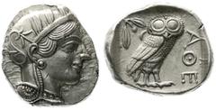 Altgriechische Münzen Attika Athen Tetradrachme nach 449 v. Chr. Athenakopf mit attischem Helm r./AOE Eule, dahinter Lorbeerzweig und Halbmond. Starr pl. XXII, 7. 17,18 g. Stempelstellung 4 h. vorzügl