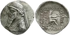Altgriechische Münzen Parthia Königreich der Arsakiden Drachme 123/87 v.Chr. Brb. mit Diadem und langem Bart l./Arsakes thront r., hält Bogen. 3,83 g. Stempelstellung 12 h. gutes sehr schön, kl. Randf
