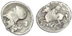 Altgriechische Münzen Peloponnes Korinth Stater 375/300 v. Chr. Leukas in Akarnanien. Kopf der Athena mit korinth. Helm l., rechts Y und böotischer Schild/Pegasus l. 8,21 g. Stempelstellung 6 h. schön