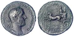 Römische Münzen Kaiserzeit Macrinus, 217-218 As 217. Belorb., gepanz. Brb. r./COS III. Macrinus in Triumphalquadriga. 11,84 g. Stempelstellung 12 h. schön/sehr schön Exemplar Naville Auktion 61, Nr. 4