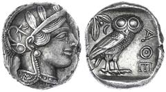 Altgriechische Münzen Attika Athen Tetradrachme nach 449 v. Chr. Athenakopf mit attischem Helm r./AOE Eule, dahinter Lorbeerzweig und Halbmond. Starr pl. XXII, 7. 17,17 g. Stempelstellung 6 h. vorzügl