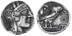 Altgriechische Münzen Attika Athen Tetradrachme nach 449 v. Chr. Athenakopf mit attischem Helm r./AOE Eule, dahinter Lorbeerzweig und Halbmond. Starr pl. XXII, 7. 17,06 g. Stempelstellung 9 h. sehr sc