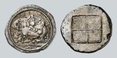 Macedonia. Akanthos. Tetradrachm (AR, 17.363g), ca. 480 BC. Desneux 49. Old cabinet tone. Attractive archaic style. Extremely fine. Privately purchased from Tradart. The Numismatic Auction 1982 (1) lo