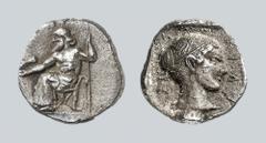 Arcadia. Arcadian League. Hemidrachm (AR, 2.770g, 12h), Tegea, ca. 460 BC. Williams 85 (this coin). Old cabinet tone. Attractive late Archaic head of Kallisto. Rough surfaces, otherwise, extremely fin