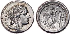 Greek Coins Sicily, Syracuse. Agathokles. Silver Tetradrachm (16.90 g), 317-289 BC. Ca. 310/08-306/5 BC. KOPAΣ, wreathed head of Kore right, wearing single-pendant earring and necklace. Reverse: AΓAΘO