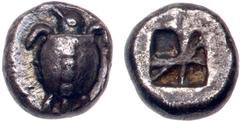 Greek Coins Islands off Attica, Aegina. Silver Obol (0.95 g), ca. 510-490 BC. Sea turtle, head in profile, with thin collar and row of dots down its back. Reverse: Incuse square with irregular section