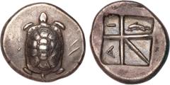 Greek Coins Islands off Attica, Aegina. Silver Stater (12.06 g), ca. 350-338 BC. Land tortoise with segmented shell. Reverse: A-I, Large square incuse with skew pattern, dolphin in one segment. Cf. Mi