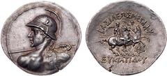 Greek Coins Baktrian Kingdom. Eukratides I. Silver Tetradrachm (16.94 g), ca. 171-145 BC. Diademed heroic bust of Eukratides I left, seen from behind, wearing crested helmet adorned with bull's horn a