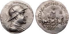 Greek Coins Kingdom of Baktria. Plato Epiphanes, ca. 145-140 BC. Silver Tetradrachm (16.92 g). Diademed and draped bust right, wearing a crested helmet adorned with a bull's horn and ear. Reverse; BAΣ