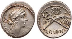 Roman Coins Q. Sicinius. Silver Denarius (3.82 g), 49 BC. Rome. F[ORT P] R, diademed head of Fortuna Populi Romani right. Reverse: III VIR across field, Q SICINIVS, crossed palm branch and caduceus; a