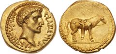 Roman Coins Q. Labienus. Gold Aureus, 40 BC. 8.05g. Uncertain mint in Syria or southeastern Asia Minor. Q LABIENVS PARTHICVS IMP, bare head of Labienus right. Reverse: Horse standing right on ground l