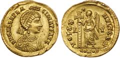 Roman Coins Galla Placidia. Gold Solidus (4.51 g), Augusta, AD 421-450. Ravenna. D N GALLA PLA-CIDIA AVG, diademed and draped bust of Galla Placidia right, above, manus Dei crowning her with wreath. R